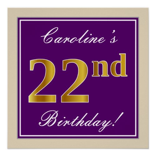 Elegant Purple Faux Gold 22nd Birthday  Name Poster