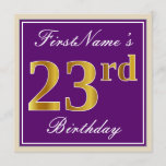 [ Thumbnail: Elegant, Purple, Faux Gold 23rd Birthday + Name Invitation ]