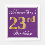 [ Thumbnail: Elegant Purple, Faux Gold 23rd Birthday + Name Napkins ]