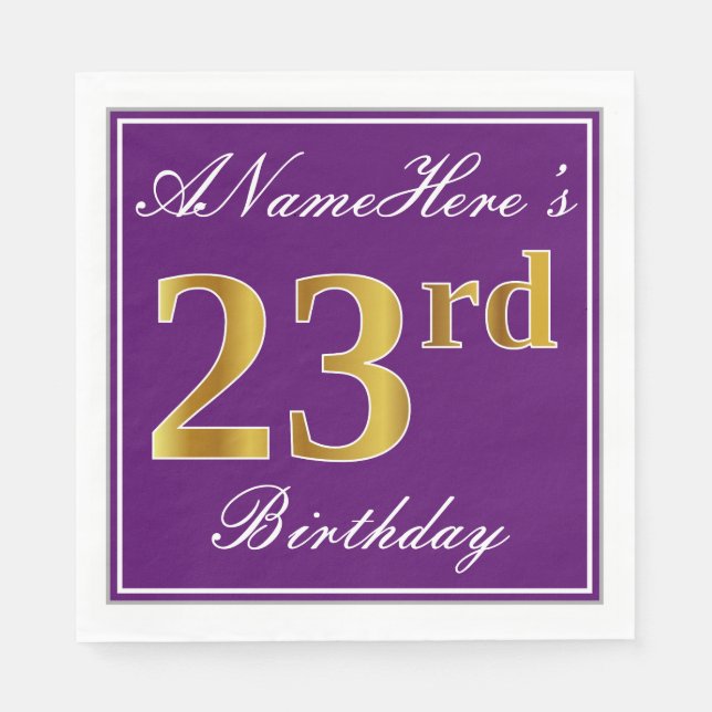 Elegant Purple, Faux Gold 23rd Birthday + Name Napkins (Front)