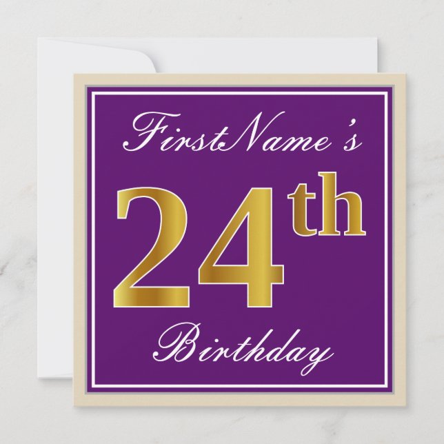 Elegant, Purple, Faux Gold 24th Birthday + Name Invitation (Front)