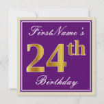 [ Thumbnail: Elegant, Purple, Faux Gold 24th Birthday + Name Invitation ]