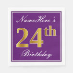 [ Thumbnail: Elegant Purple, Faux Gold 24th Birthday + Name Napkins ]