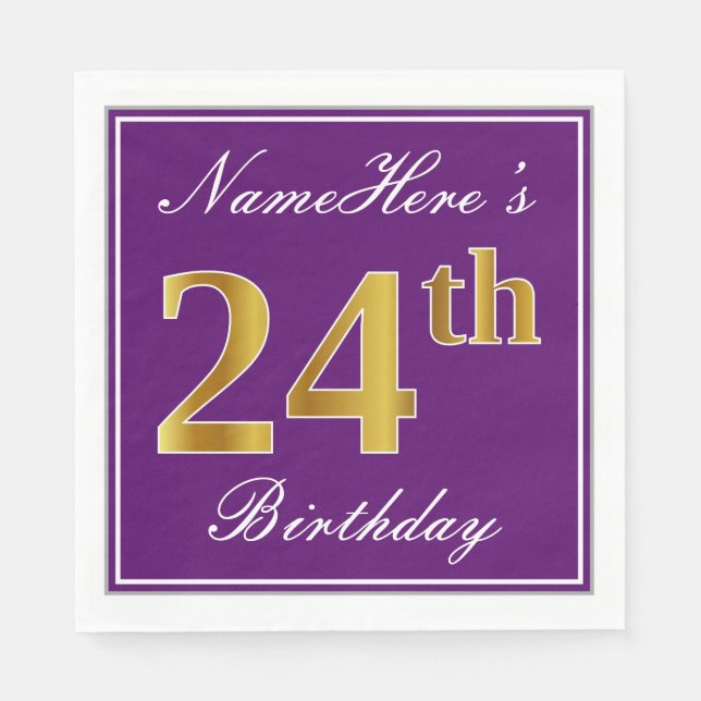 Elegant Purple, Faux Gold 24th Birthday + Name Napkins (Front)