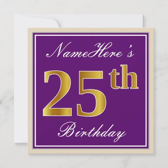 Elegant, Purple, Faux Gold 25th Birthday + Name Invitation (Front)