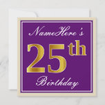 [ Thumbnail: Elegant, Purple, Faux Gold 25th Birthday + Name Invitation ]