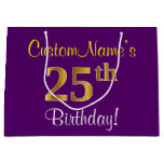 [ Thumbnail: Elegant, Purple, Faux Gold 25th Birthday + Name Gift Bag ]