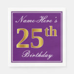 [ Thumbnail: Elegant Purple, Faux Gold 25th Birthday + Name Napkins ]