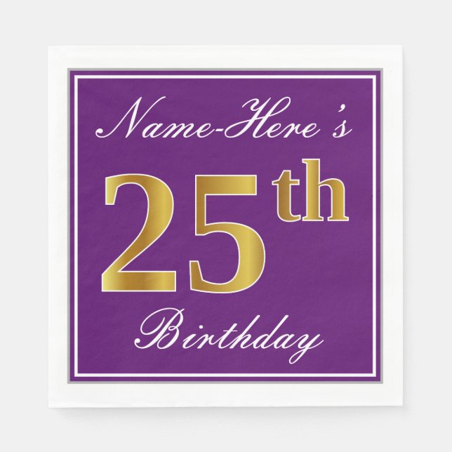 Elegant Purple, Faux Gold 25th Birthday + Name Paper Napkins (Front)