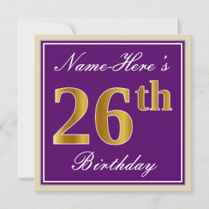 Elegant, Purple, Faux Gold 26th Birthday + Name Invitation