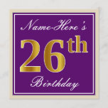 [ Thumbnail: Elegant, Purple, Faux Gold 26th Birthday + Name Invitation ]
