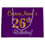 [ Thumbnail: Elegant, Purple, Faux Gold 26th Birthday + Name Gift Bag ]