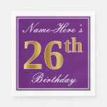[ Thumbnail: Elegant Purple, Faux Gold 26th Birthday + Name Napkins ]