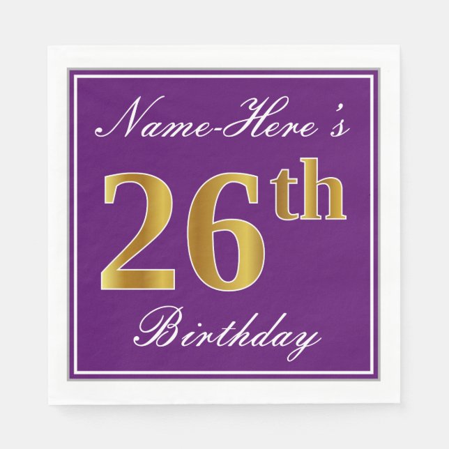 Elegant Purple, Faux Gold 26th Birthday + Name Napkins (Front)