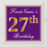 [ Thumbnail: Elegant, Purple, Faux Gold 27th Birthday + Name Invitation ]