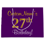 [ Thumbnail: Elegant, Purple, Faux Gold 27th Birthday + Name Gift Bag ]