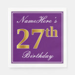 [ Thumbnail: Elegant Purple, Faux Gold 27th Birthday + Name Napkins ]