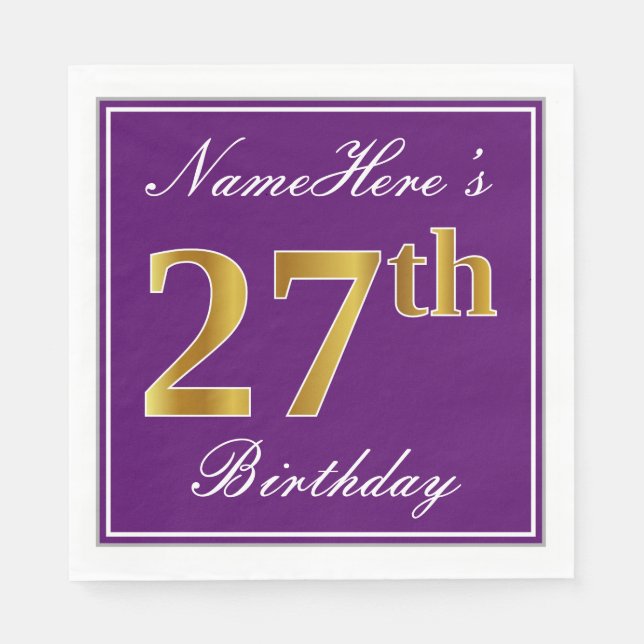 Elegant Purple, Faux Gold 27th Birthday + Name Napkins (Front)