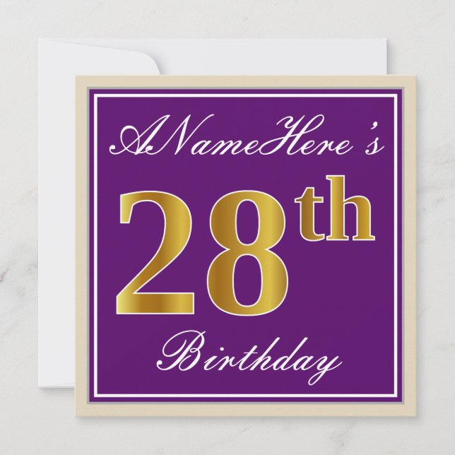 Elegant, Purple, Faux Gold 28th Birthday + Name Invitation (Front)