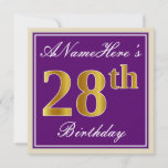 [ Thumbnail: Elegant, Purple, Faux Gold 28th Birthday + Name Invitation ]