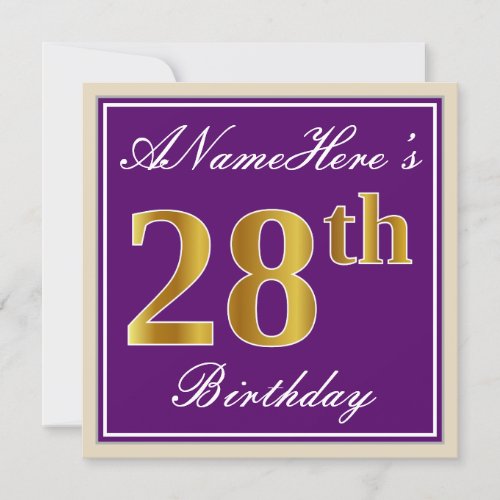 Elegant Purple Faux Gold 28th Birthday  Name Invitation
