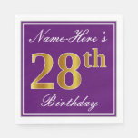 [ Thumbnail: Elegant Purple, Faux Gold 28th Birthday + Name Napkins ]
