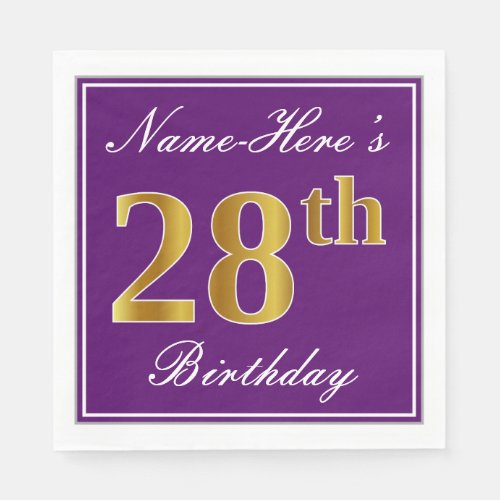 Elegant Purple Faux Gold 28th Birthday  Name Napkins