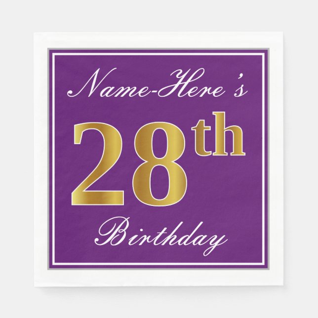 Elegant Purple, Faux Gold 28th Birthday + Name Napkins (Front)