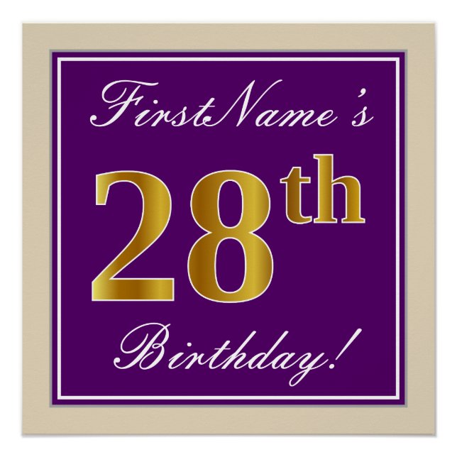 Elegant, Purple, Faux Gold 28th Birthday + Name Poster (Front)