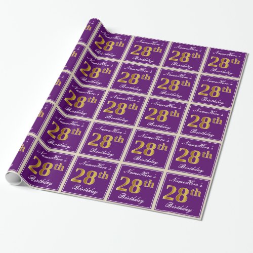 Elegant Purple Faux Gold 28th Birthday  Name Wrapping Paper