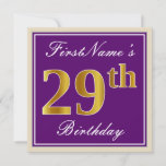 [ Thumbnail: Elegant, Purple, Faux Gold 29th Birthday + Name Invitation ]