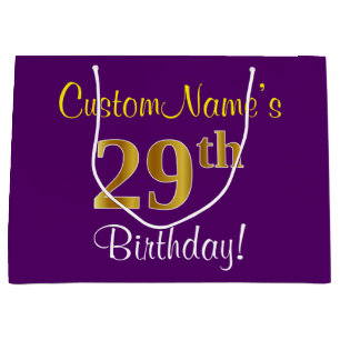 Elegant, Purple, Faux Gold 29th Birthday + Name Large Gift Bag