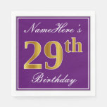 [ Thumbnail: Elegant Purple, Faux Gold 29th Birthday + Name Napkins ]