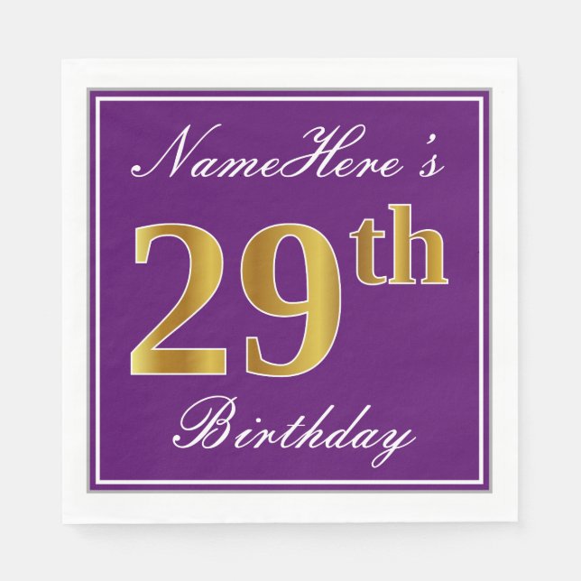 Elegant Purple, Faux Gold 29th Birthday + Name Napkins (Front)