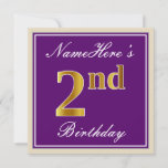 [ Thumbnail: Elegant, Purple, Faux Gold 2nd Birthday + Name Invitation ]