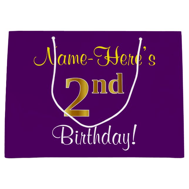 Elegant, Purple, Faux Gold 2nd Birthday + Name Large Gift Bag (Front)
