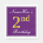 [ Thumbnail: Elegant Purple, Faux Gold 2nd Birthday + Name Napkins ]