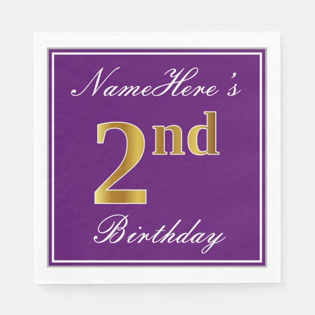 Elegant Purple, Faux Gold 2nd Birthday + Name Napkins (Front)