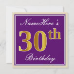 [ Thumbnail: Elegant, Purple, Faux Gold 30th Birthday + Name Invitation ]