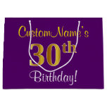 [ Thumbnail: Elegant, Purple, Faux Gold 30th Birthday + Name Gift Bag ]