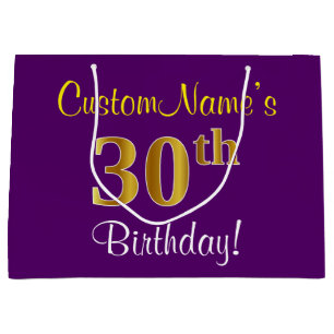 Elegant, Purple, Faux Gold 30th Birthday + Name Large Gift Bag