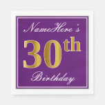 [ Thumbnail: Elegant Purple, Faux Gold 30th Birthday + Name Napkins ]