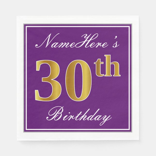 Elegant Purple, Faux Gold 30th Birthday + Name Napkins (Front)