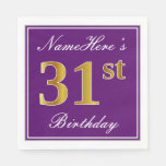 [ Thumbnail: Elegant Purple, Faux Gold 31st Birthday + Name Napkins ]