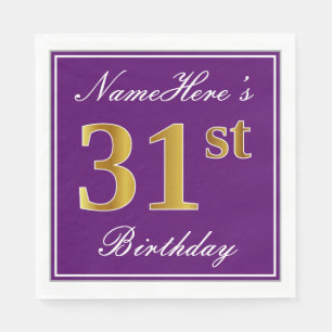 Elegant Purple, Faux Gold 31st Birthday + Name Napkins