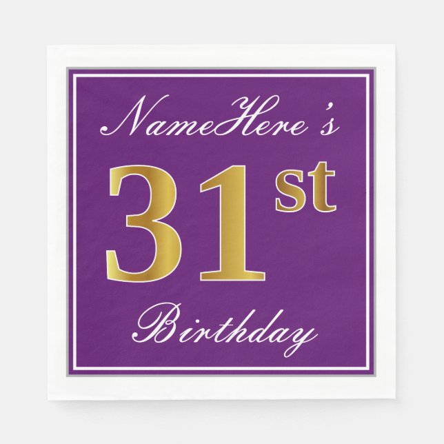 Elegant Purple, Faux Gold 31st Birthday + Name Napkins (Front)