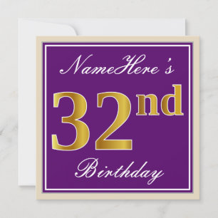 Elegant, Purple, Faux Gold 32nd Birthday + Name Invitation