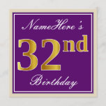 [ Thumbnail: Elegant, Purple, Faux Gold 32nd Birthday + Name Invitation ]