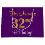 [ Thumbnail: Elegant, Purple, Faux Gold 32nd Birthday + Name Gift Bag ]