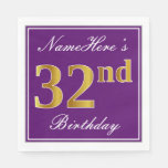 [ Thumbnail: Elegant Purple, Faux Gold 32nd Birthday + Name Napkins ]